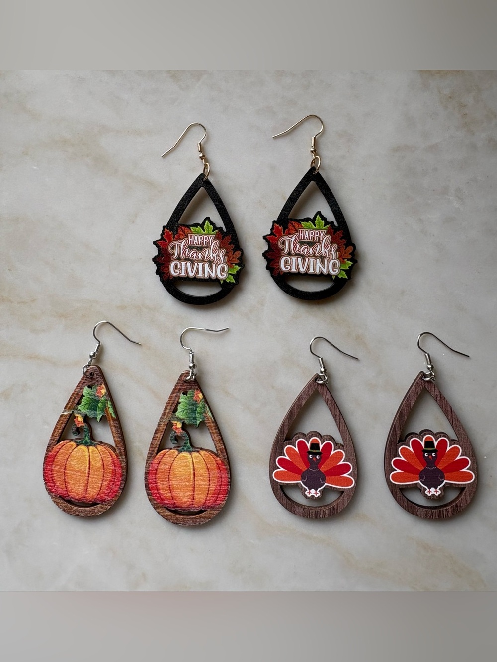 Fall Holiday Teardrop Thanksgiving Earrings – Turkey Pumpkin 3 Pairs